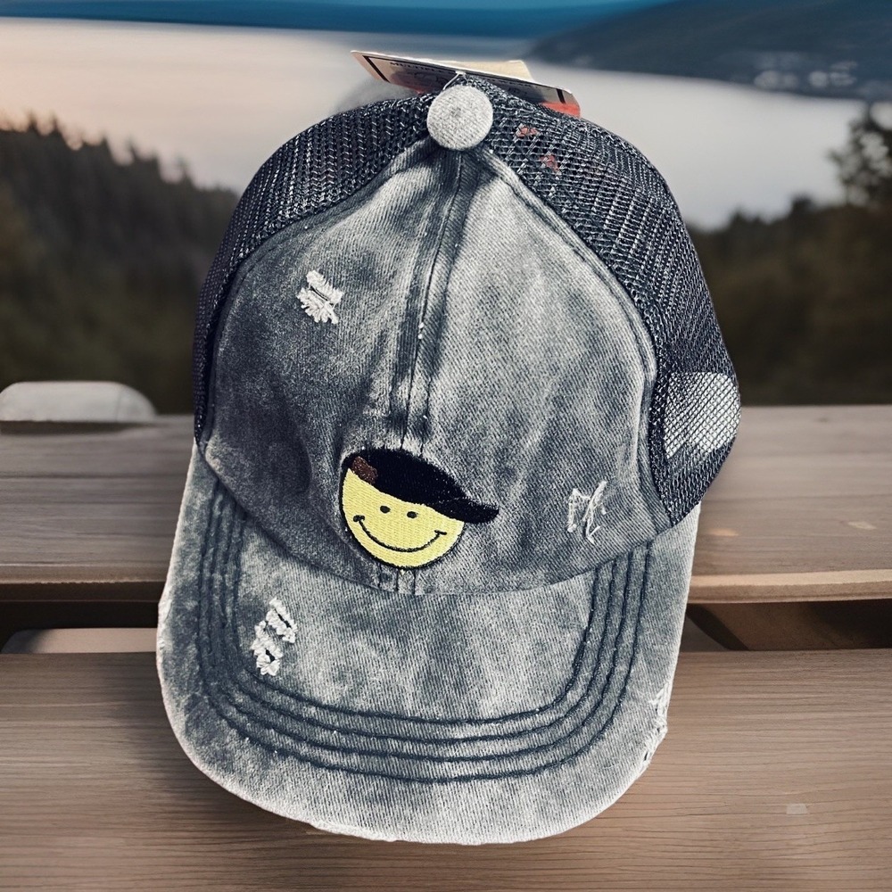 NWT C.C Kids Hat Cap‎ Strap Back Girls Black Smiley Face Ponytail Adjustable